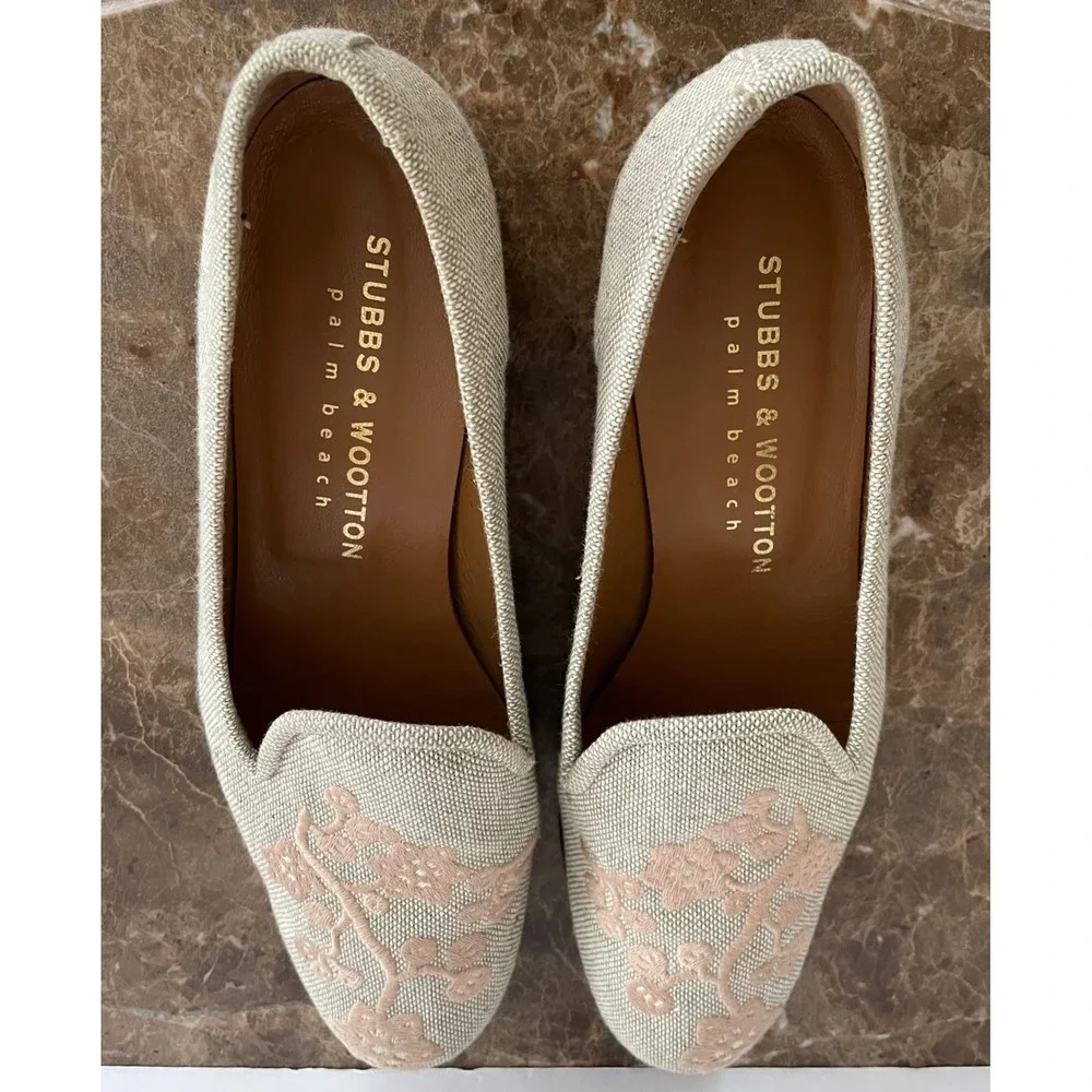 Stubbs & Wootton Palm Beach Womens Linen Floral Embroidered Loafers Coastal 9